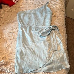 one shoulder silk blue dress